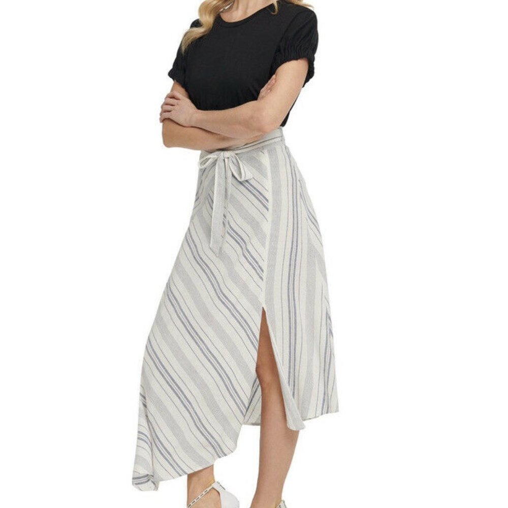 DKNY Striped Asymmetrical Mid Skirt .size 12 retail for $99.00new with tag.